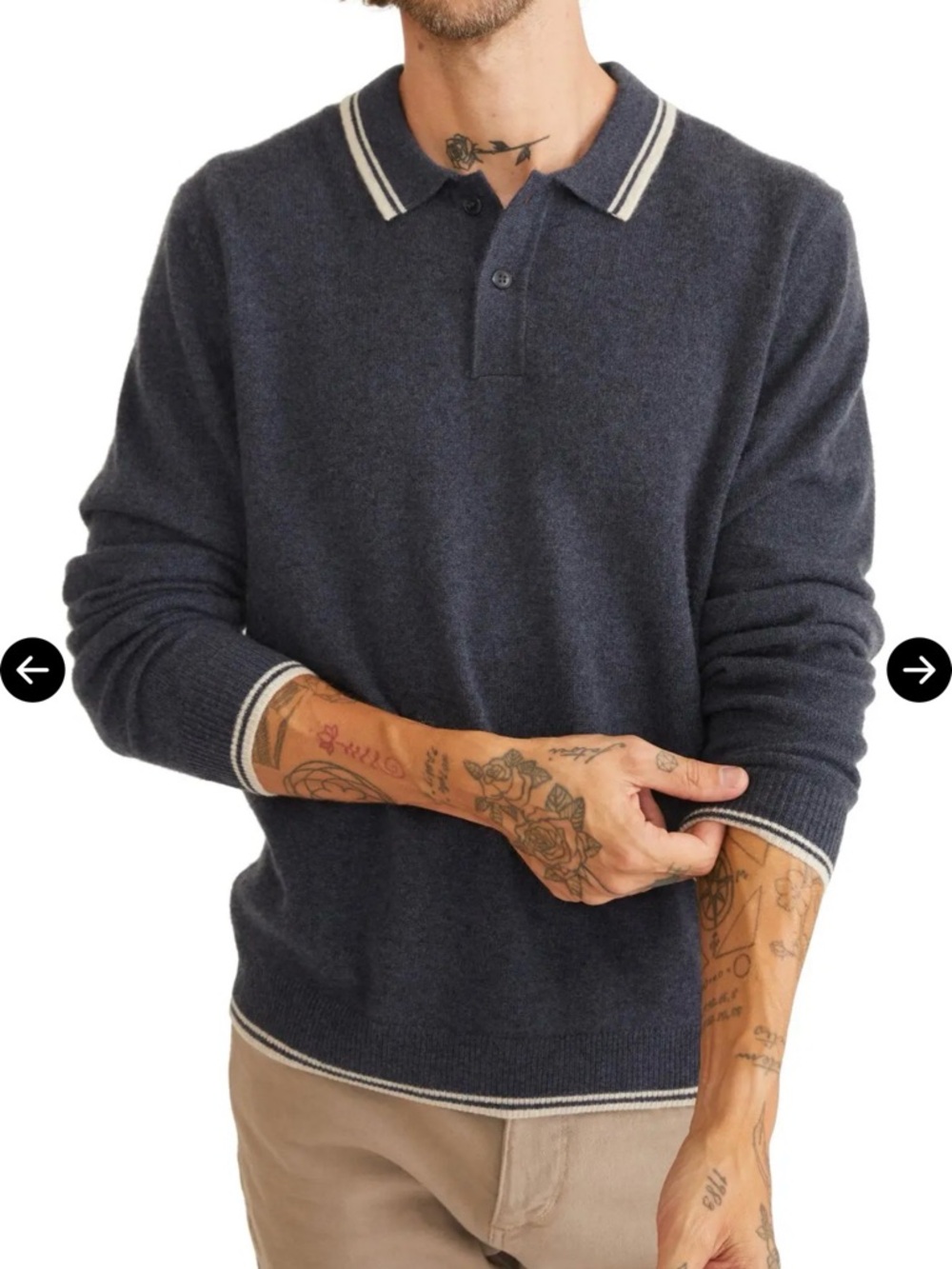 Marine Layer Dark Blue Polo Knit Sweater with Cream Collar Trim- 100% Cashmere
